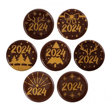 2014851 PLAQUETTE RONDE HAPPY 2024 EN CHOCOLAT NOIR20 MM 250 PCES  BTE