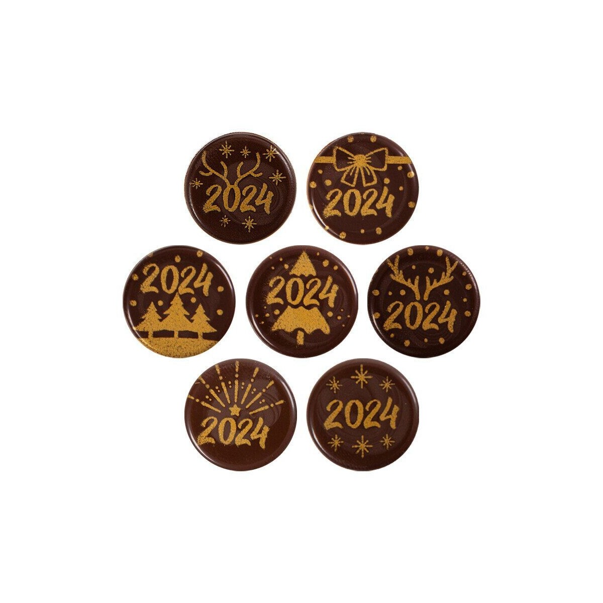 14851 PLAQUETTE RONDE HAPPY 2024 EN CHOCOLAT NOIR20 MM 250 PCES  BTE