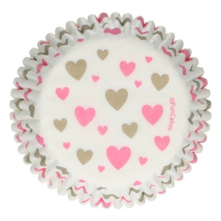 FUNCAKES CAISSETTE CUPCAKE BLANCHE COEUR ROSE/OR 48 PCES