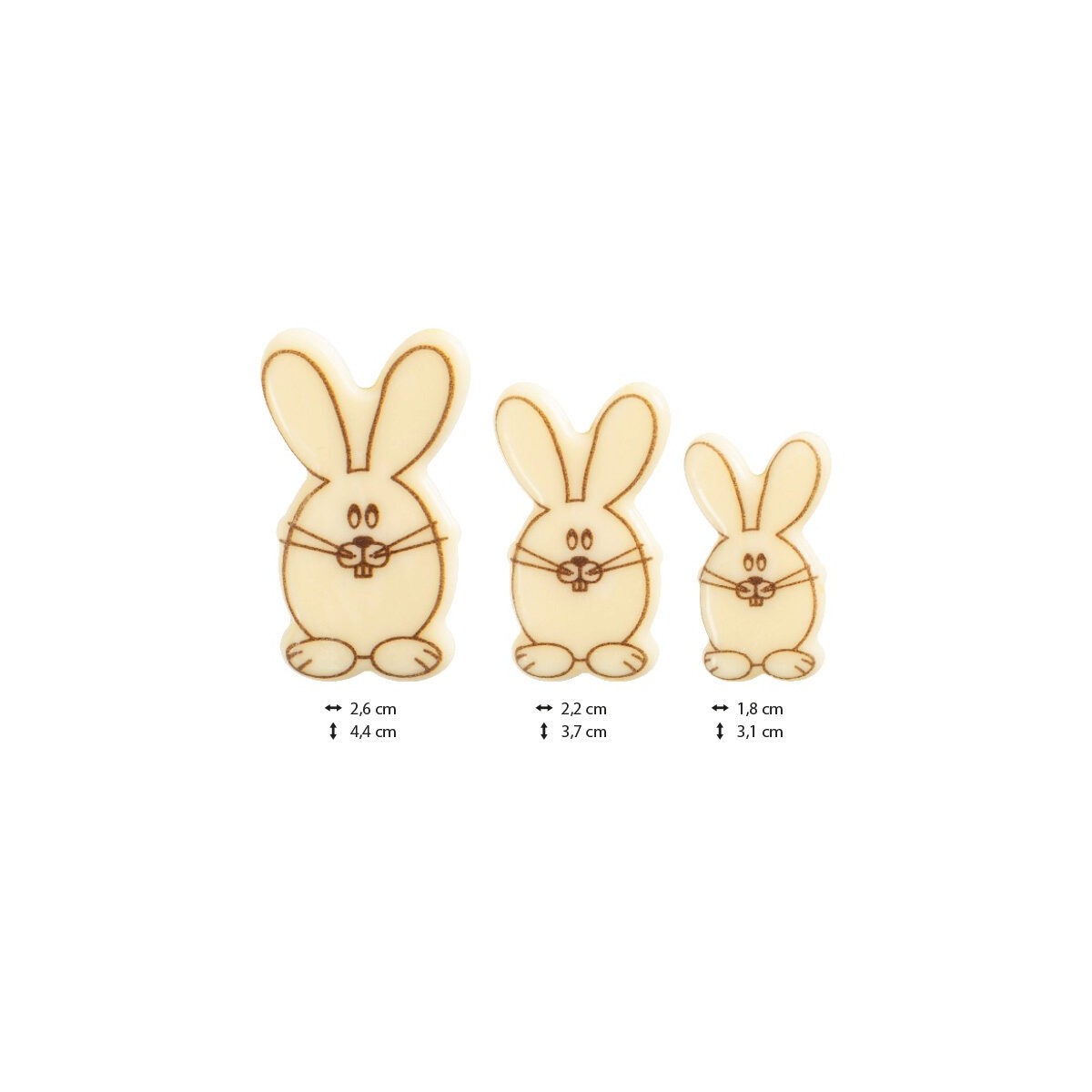 2069479 PLAQUETTE LAPIN ASS 3 TAILLES CHOCOLAT BLANC150 PCES