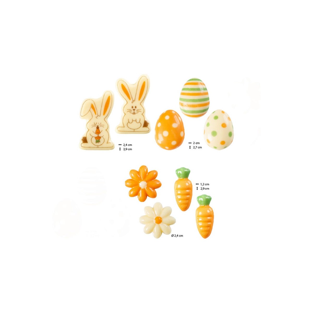 2069136 ASS DECORS PÂQUES LAPINS/ŒUFS/FLEURS/CAROTTES CHOCOLAT BLANC 180SETS PCES