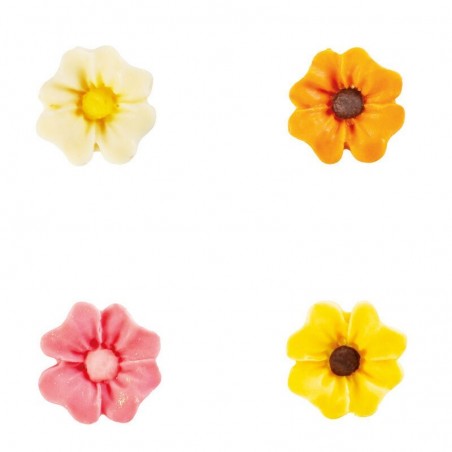 34374 ASSORTIMENT FLEURS 2D BLANCHE/ROSE/JAUNE/ORANGE CHOCOLAT 2CM 160 PCES S/CD