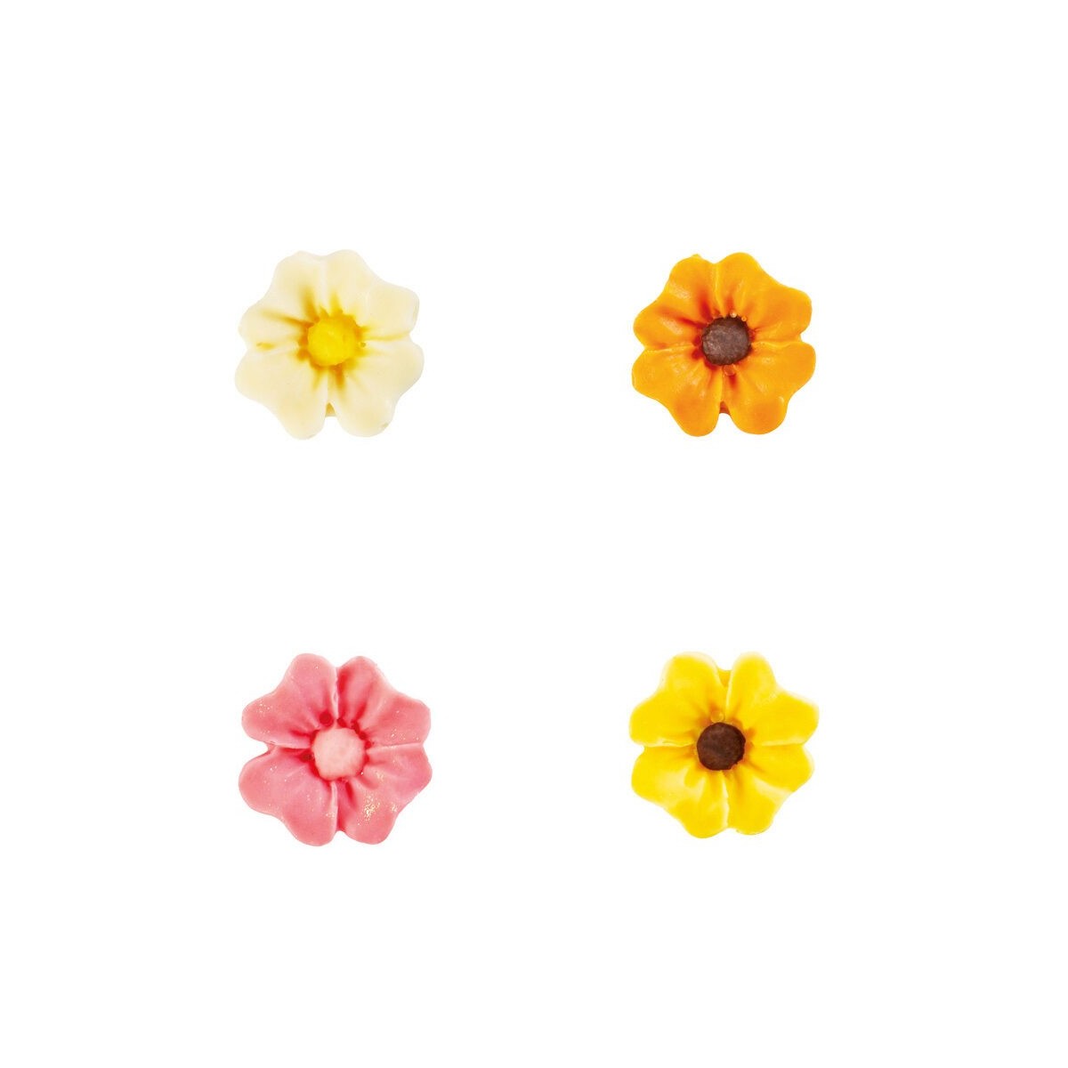 34374 ASSORTIMENT FLEURS 2D BLANCHE/ROSE/JAUNE/ORANGE CHOCOLAT 2CM 160 PCES S/CD