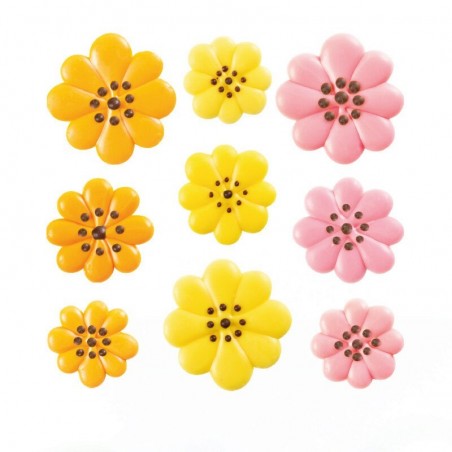 1034375 FLEURS ROSE/JAUNE/ORANGE Ø 25-30-35MM EN CHOCOLAT  162 PCES S/CDE