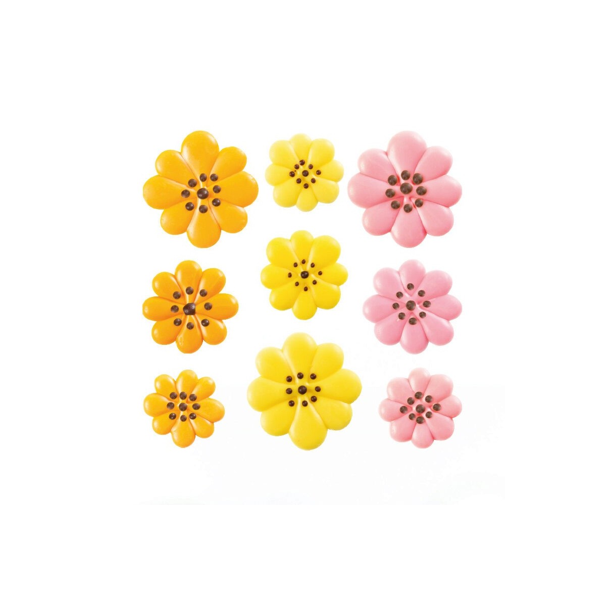 34375 ASSORTIMENT MARGUERITE ROSE/JAUNE/ORANGE CHOCOLAT AVEC POINTS NOIRS 25-30-35MM 162 PCES S/C