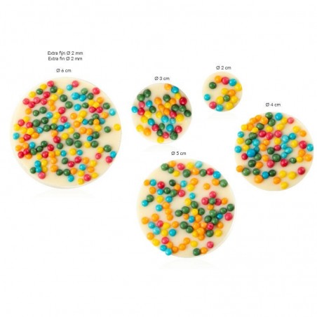 2034387 ASSORTIMENT DE DISQUE CHOCOLAT BLANC AVEC PERLES COLORÉS 2-3-4-5-6CM 75 PCES S/CD