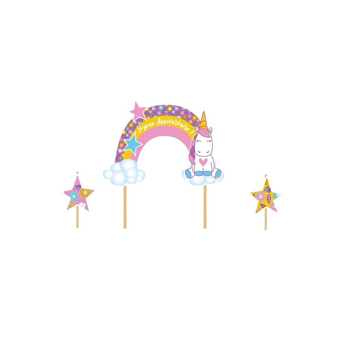 CAKE TOPPER JOYEUX ANNIVERSAIRE LICORNE  3PCES