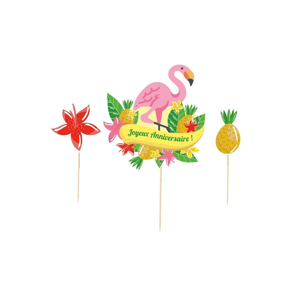 + CAKE TOPPER JOYEUX ANNIVERSAIRE TROPICAL SUMMER  3 PCES