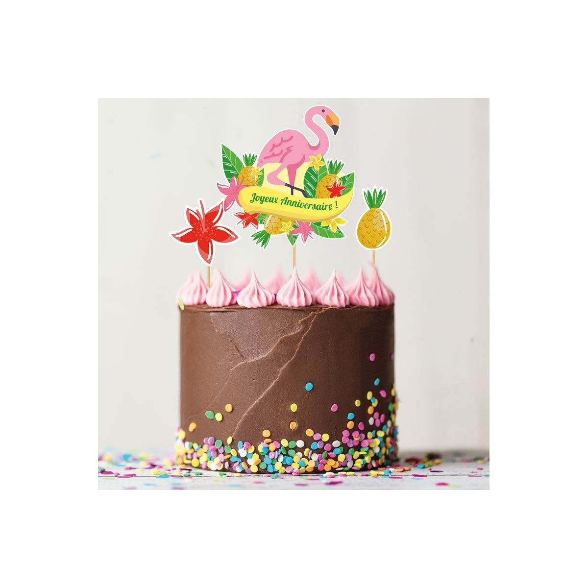 + CAKE TOPPER JOYEUX ANNIVERSAIRE TROPICAL SUMMER  3 PCES