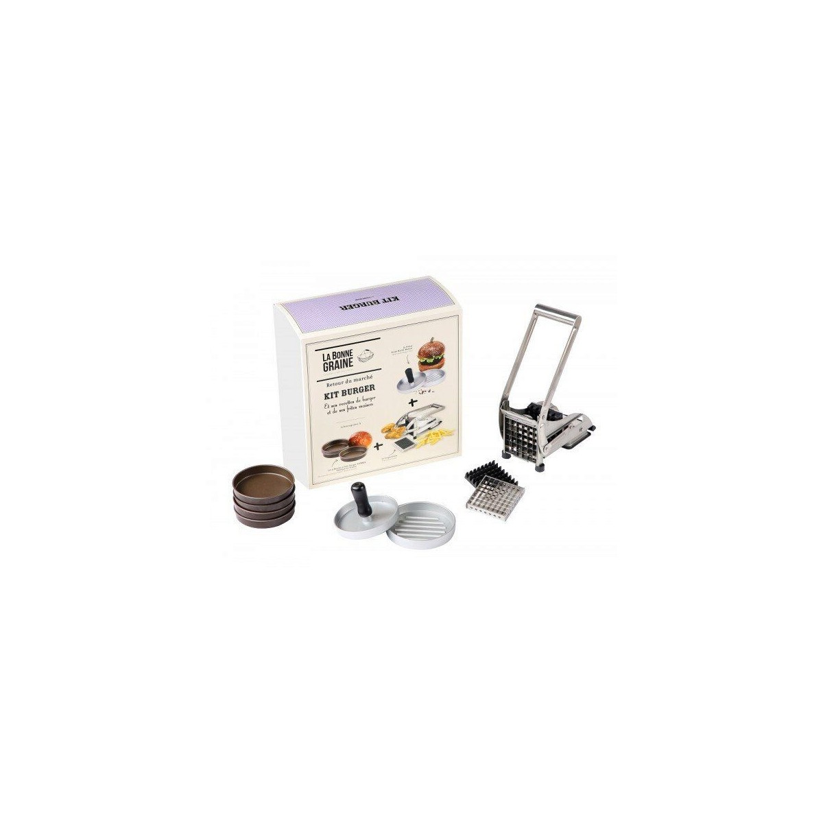 KIT BURGER(PRESSE+4MOULES BURGERS+COUPE FRITES 2 GRILLES)