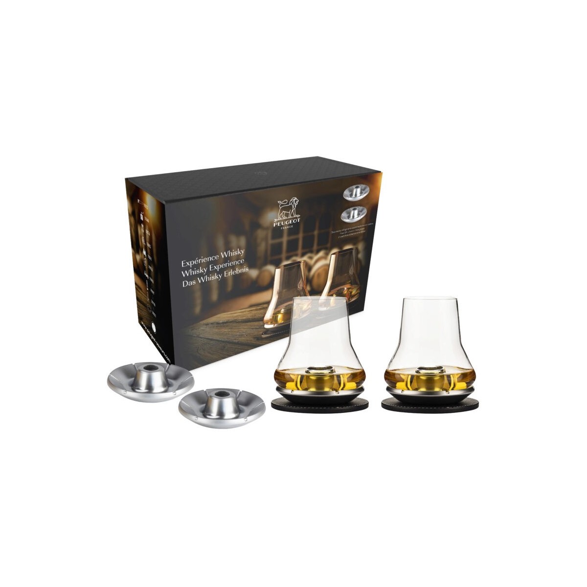 PEUGEOT COFFRET WHISKY EXPERIENCE 2 VERRES+4 BASESDE REFROIDISSEMENT CHROMEES
