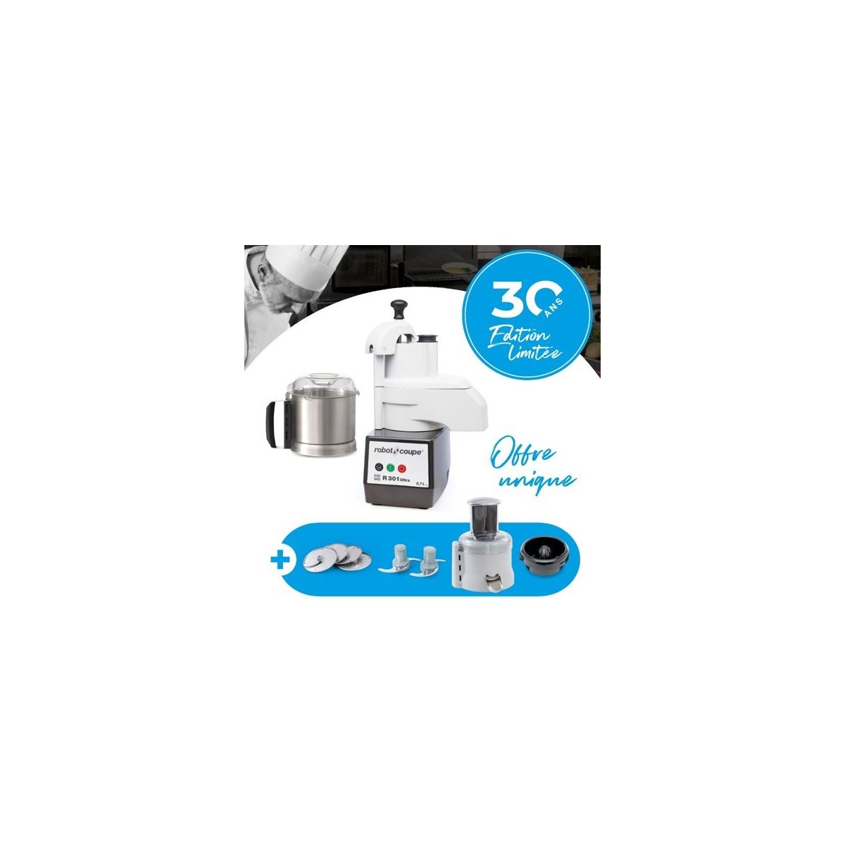 ROBOT COUPE R301U  COMBINE ANNIVERSAIRE 650W CL+CUTTER INOX - 230V/1 - 4D:E2+E4+RE2+J2X2