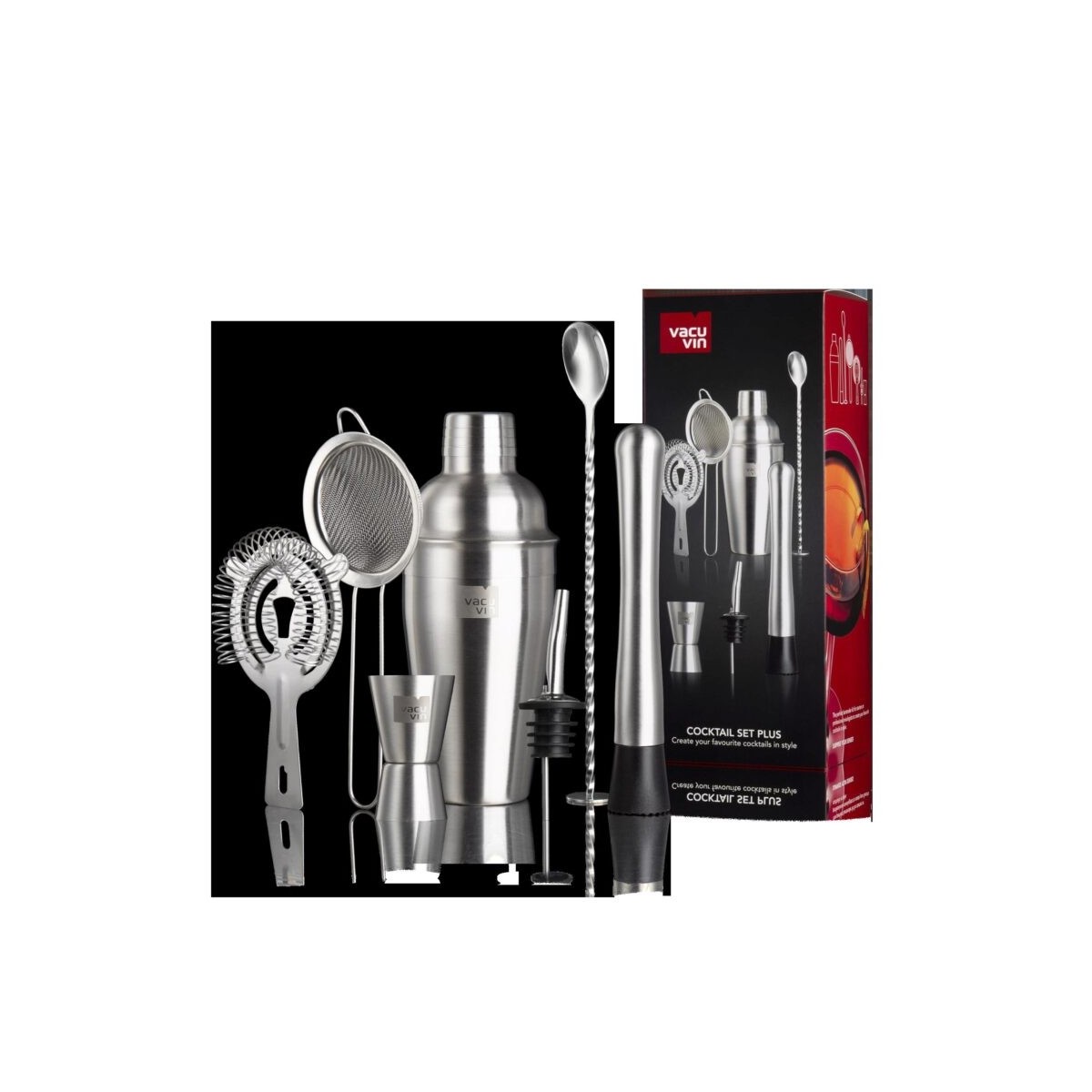 VACU VIN COCKTAIL SET PLUS SHAKER+DOSEUR+PILON+CUILLERE+TAMIS+PASSOIRE+BOUCHON VERSEUR