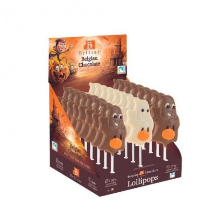 CHOCOLADE LOLLY HALLOWEEN GHOST MELK GEKLEURD 15CM 24X25GR 