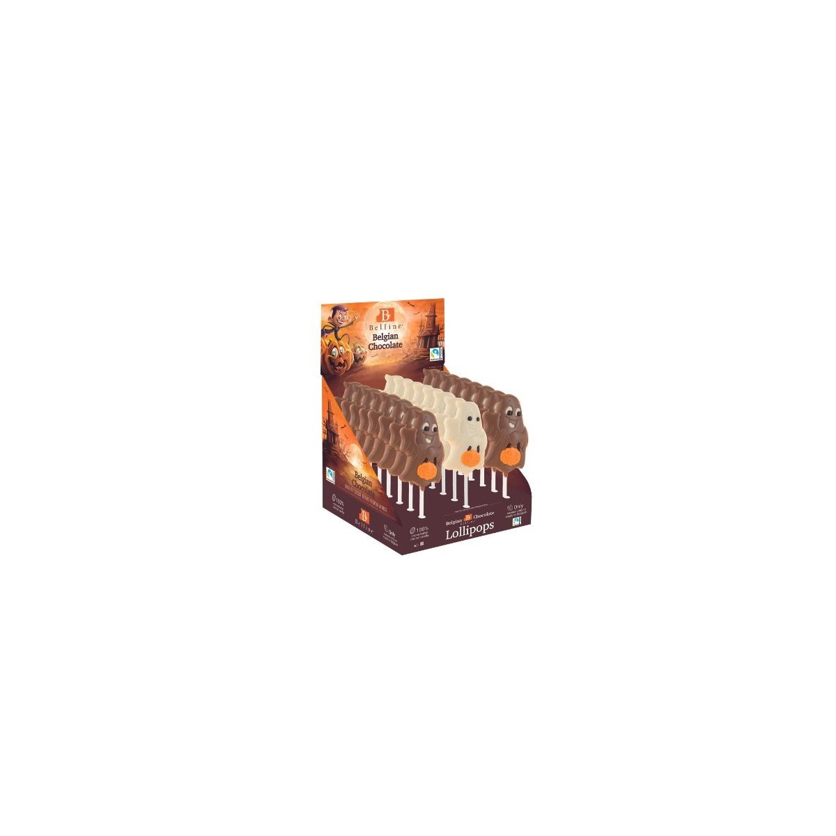 CHOCOLADE LOLLY HALLOWEEN GHOST MELK GEKLEURD 15CM 24X25GR 